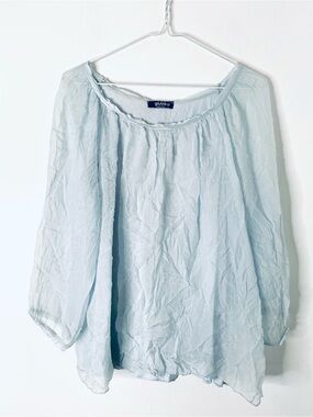 100% Silk Light Blue Crinkle Flowy Boho Blouse Made in Italy Giulia